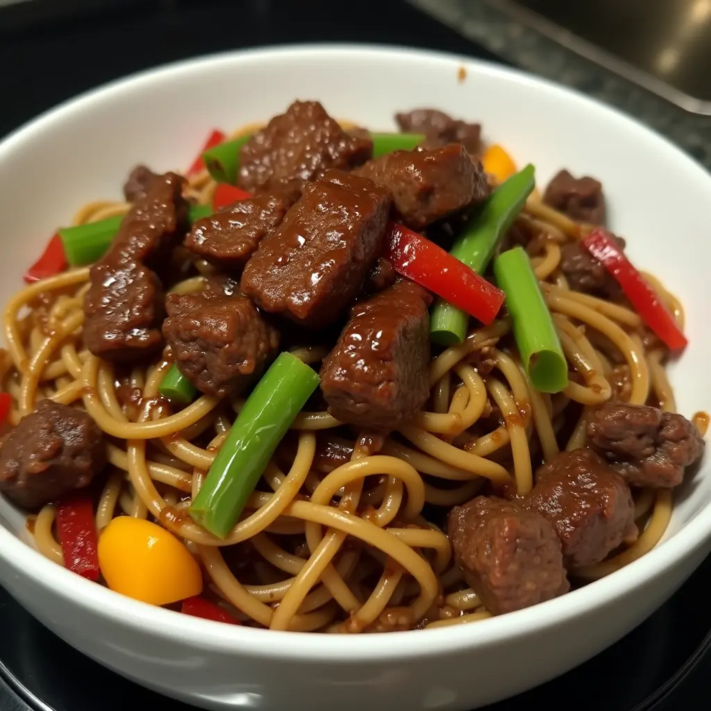 Beef stir fry with noodles and sticky sauce