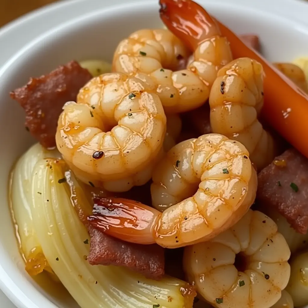 Fried cabbage with shrimp, sausage & bacon