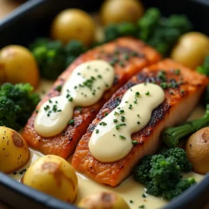 Zesty Lemon Butter Salmon with Crispy Potatoes & Roasted Broccoli