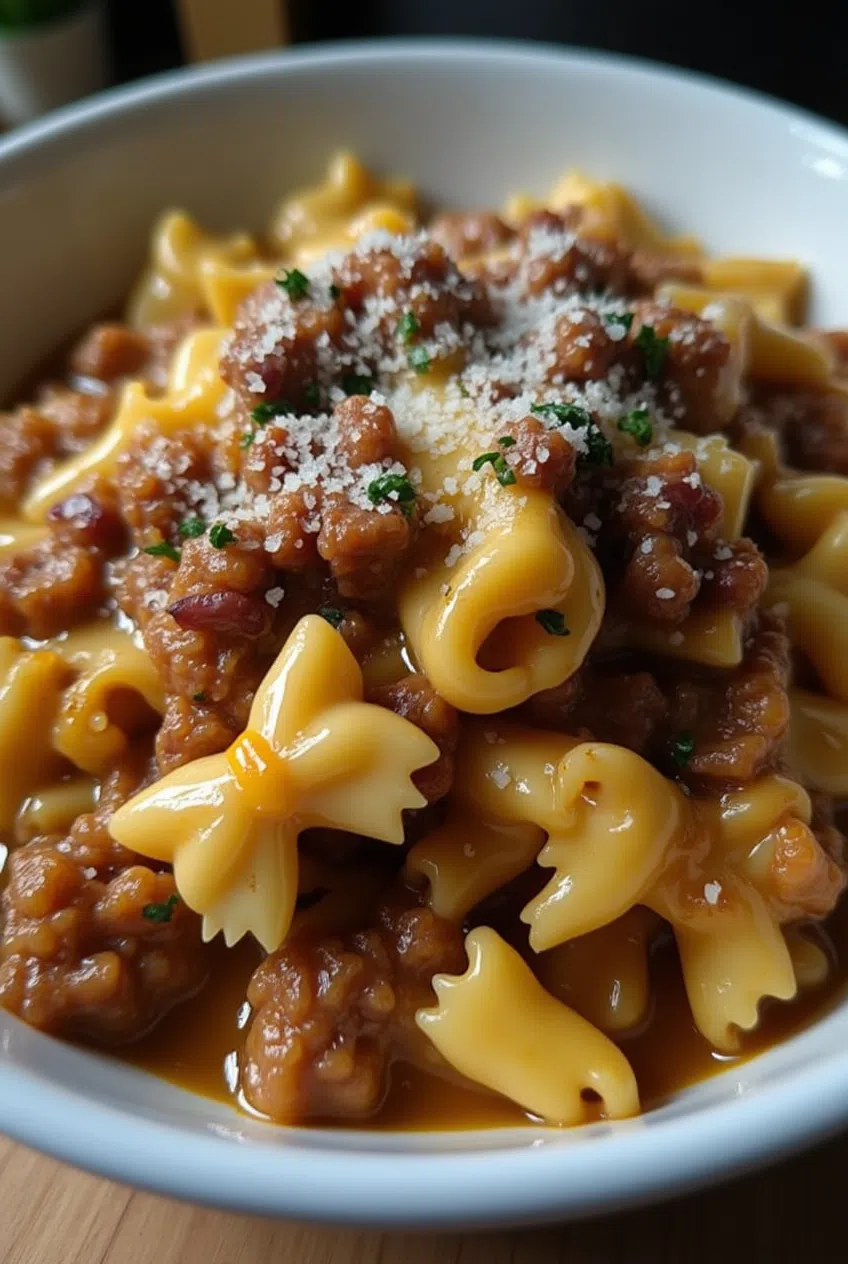 Cheesy Beef and Bowtie Pasta in Garlic Butter