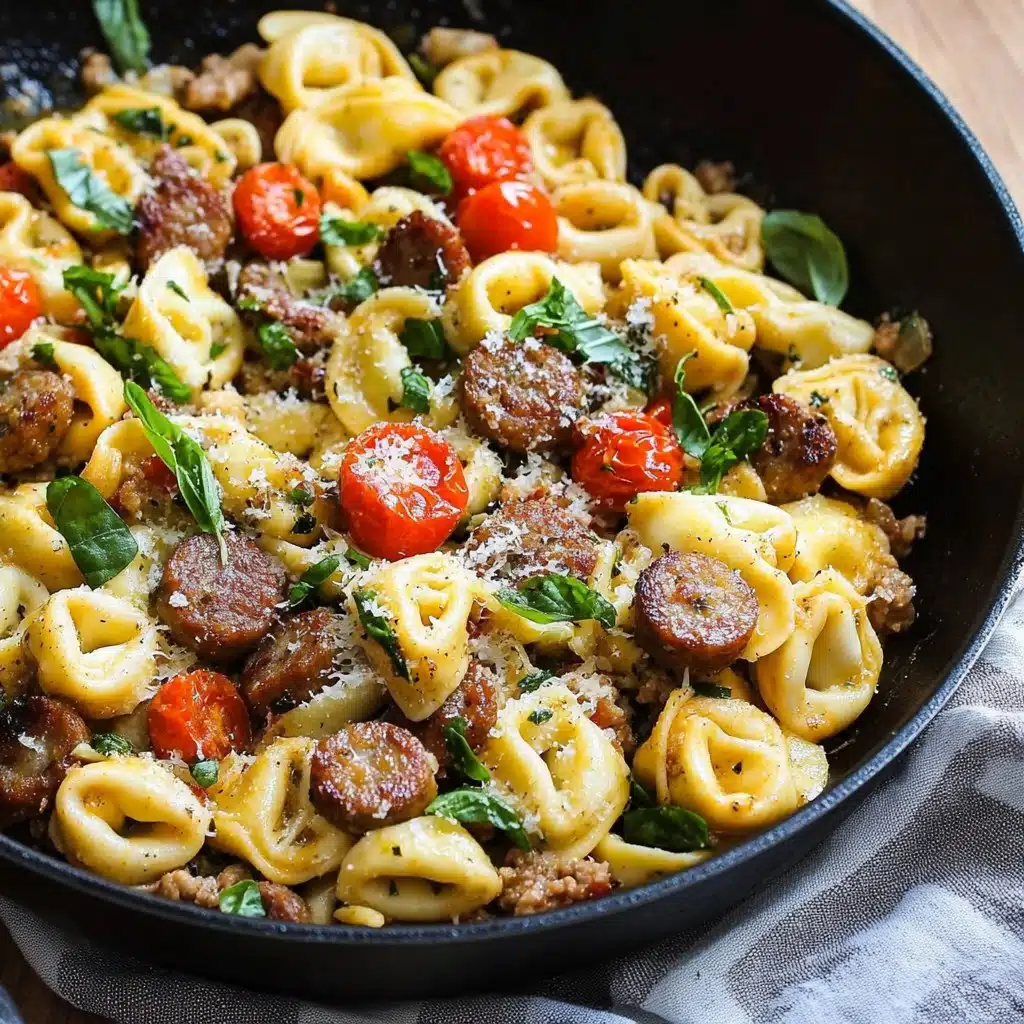 Easy skillet tortellini with sausage and burst cherry tomatoes.