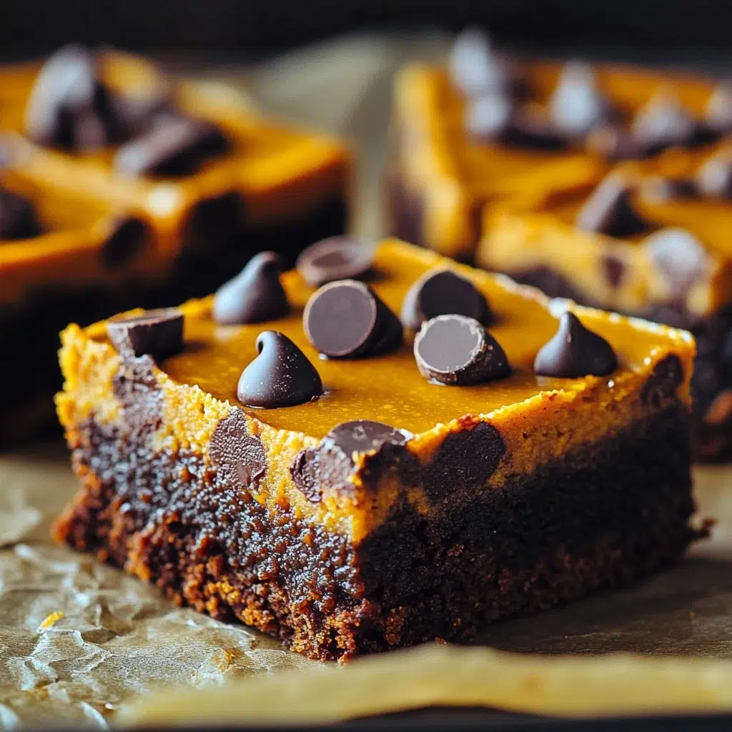 Homemade pumpkin chocolate chip bars with visible chocolate chips, a delicious fall treat.