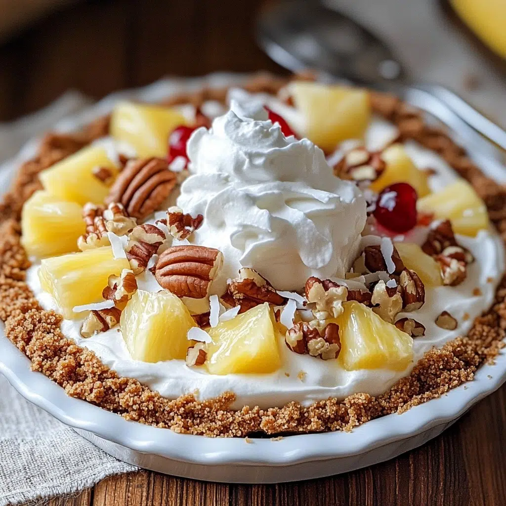 Divine no-bake coconut pecan pie, garnished with toasted coconut and whole pecans.