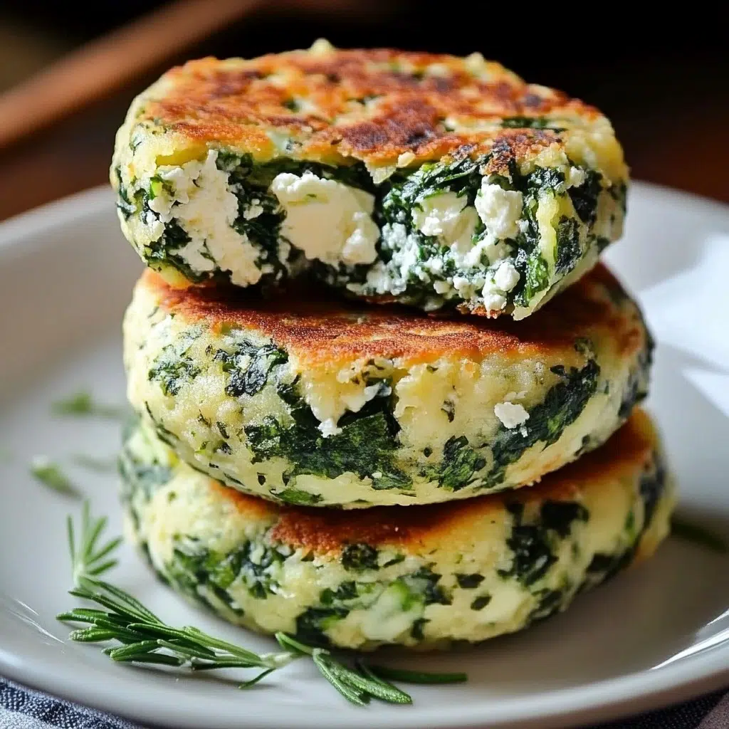 Golden Mediterranean spinach and feta patties on a plate.
