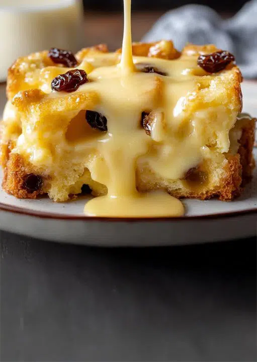 Bread pudding drizzled with creamy vanilla sauce.