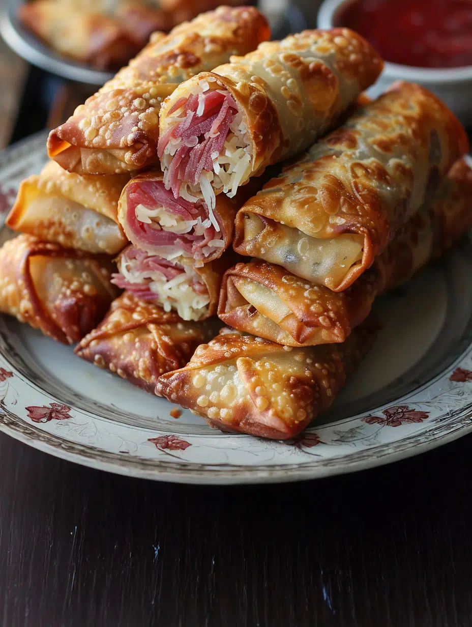 Crispy golden Reuben egg rolls with dipping sauce, perfect for a game day appetizer.