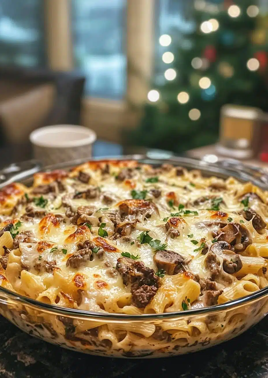 Hearty creamy mushroom and beef pasta bake garnished with fresh herbs.