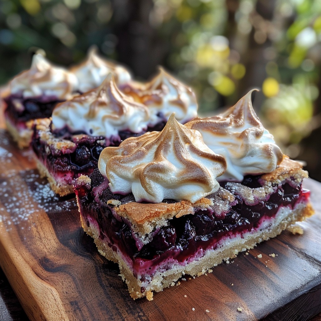 Zesty blueberry lemon meringue bars with a fluffy, golden meringue topping and fresh blueberries.