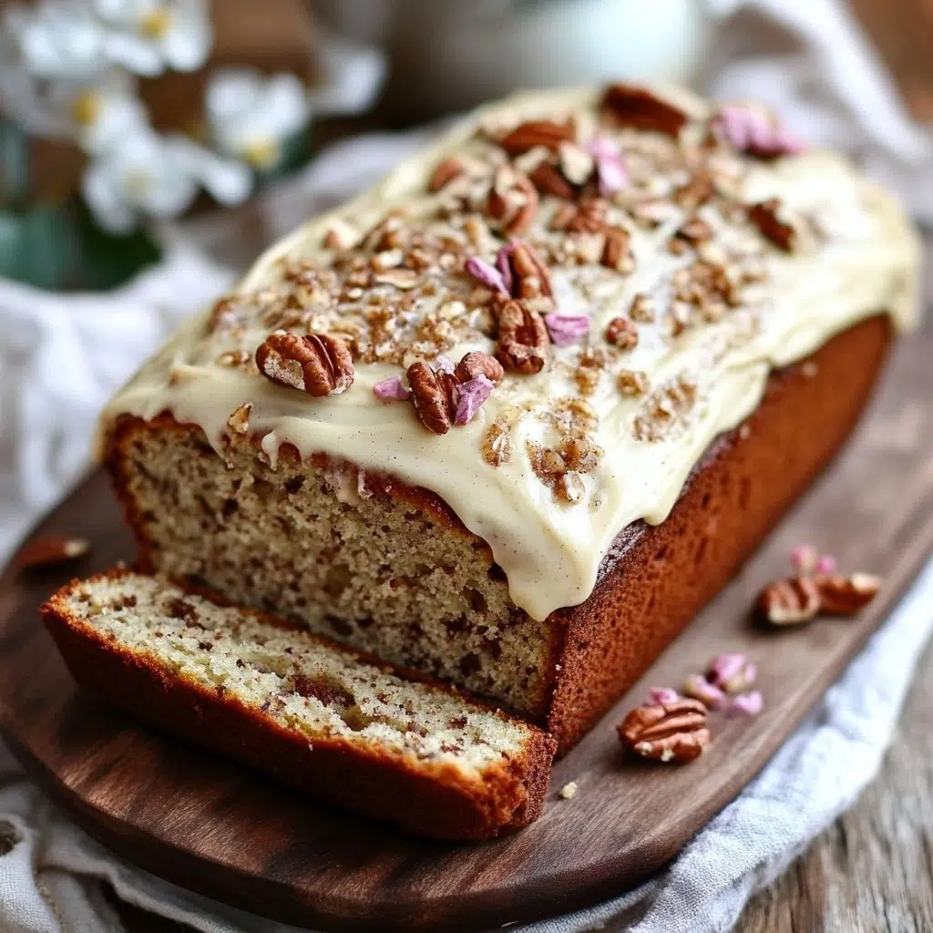 Golden-brown hummingbird bread slice with cinnamon cream cheese frosting.
