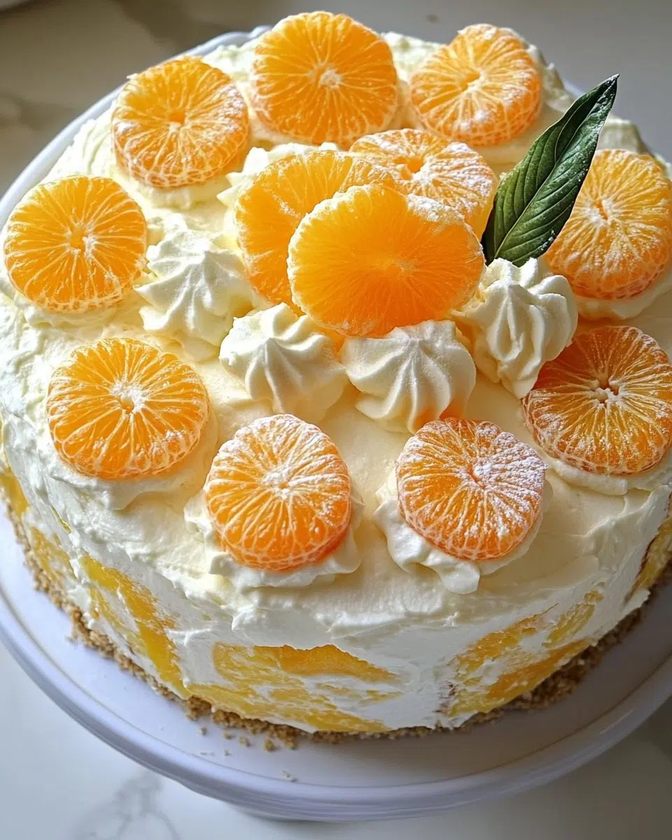 Fruity mandarin orange and pineapple cake slice with garnish.