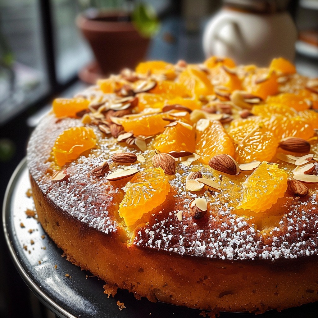 Exotic orange saffron almond cake slice.