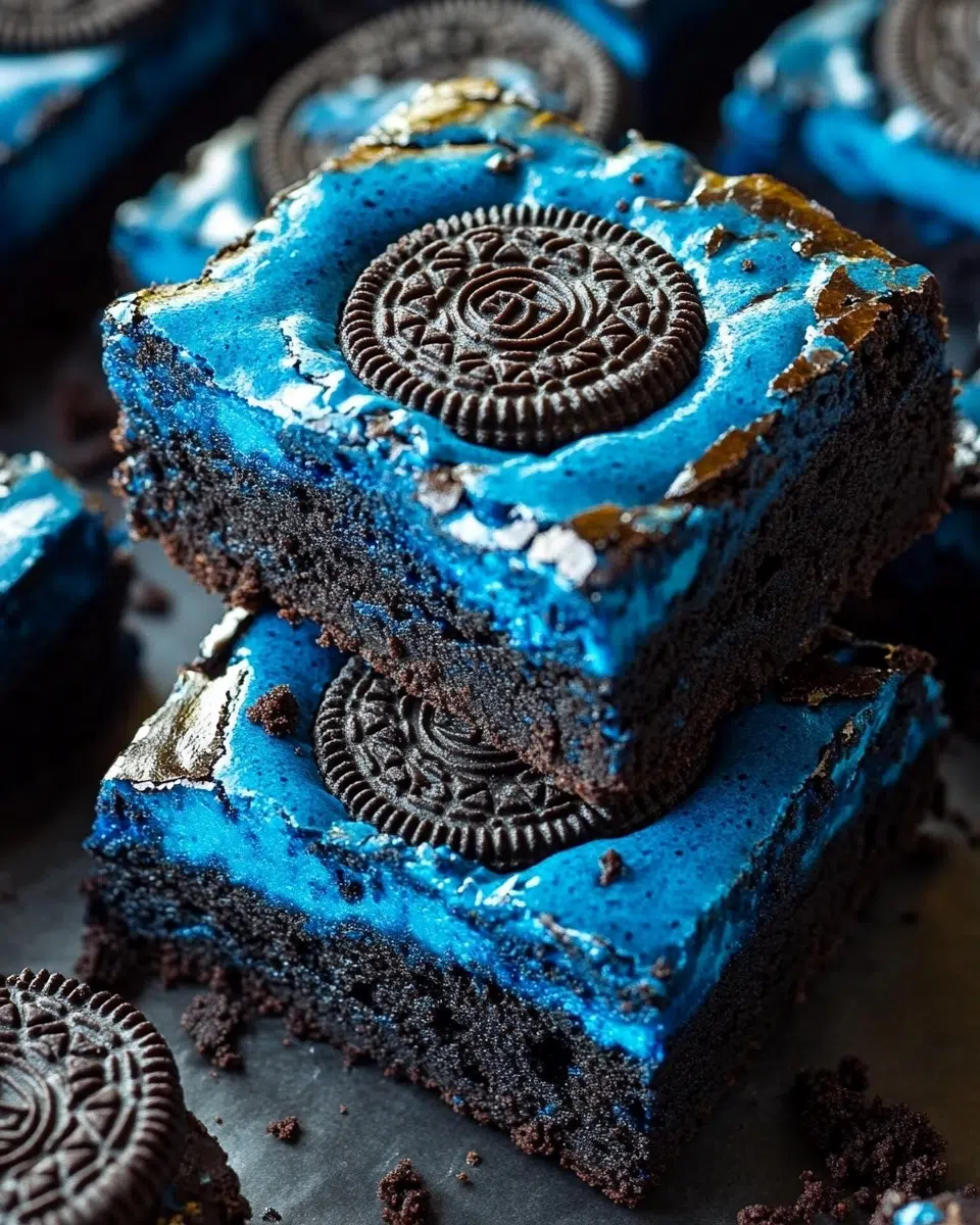 Decadent blue velvet Oreo brownies with rich, moist texture.