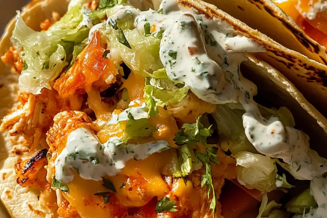 Spicy buffalo chicken smash burger tacos with gooey melted cheese.
