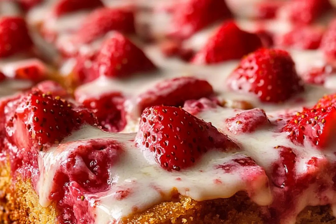 Slice of easy strawberry snack cake topped with fresh strawberries.