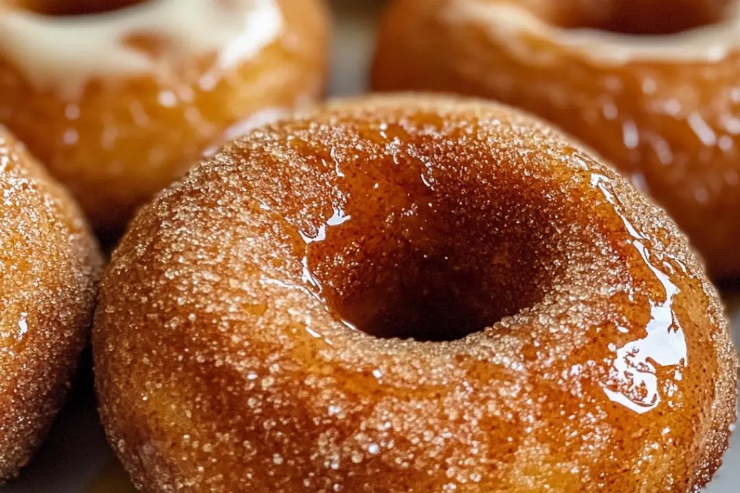 Gluten-free apple cider donuts with a sugary glaze, on a fall-themed table.