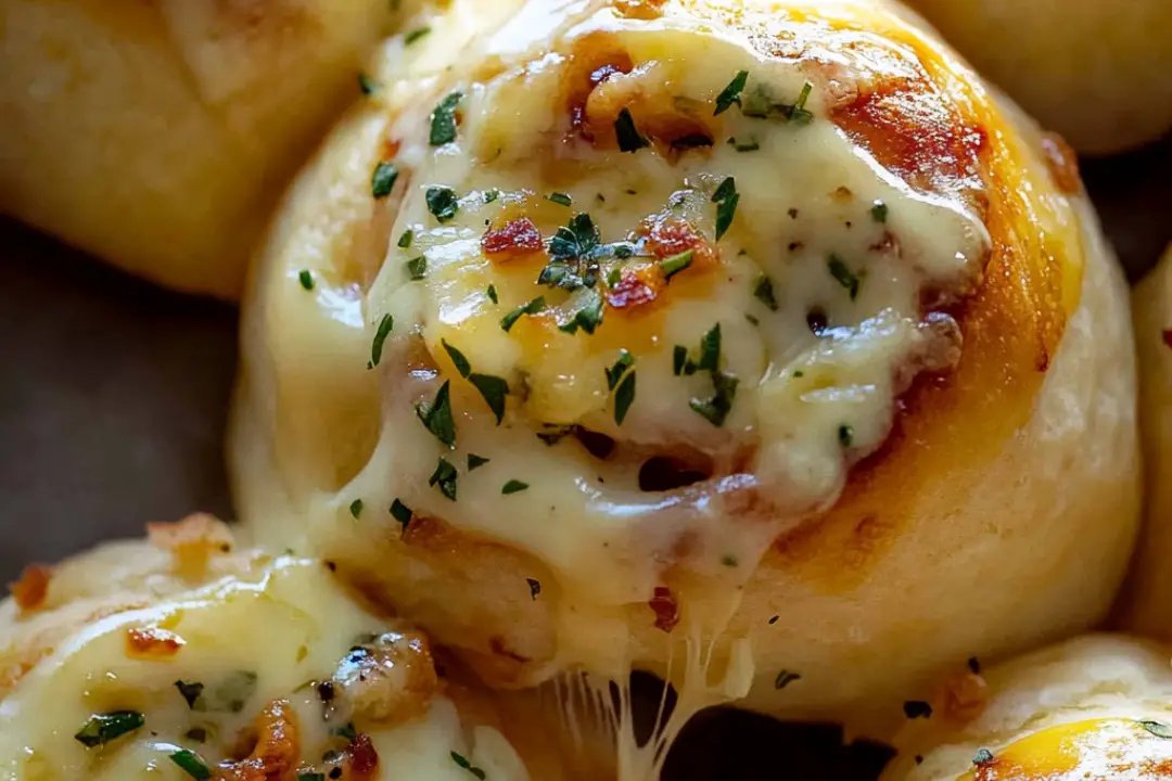 Savory breakfast rolls drizzled with creamy Béarnaise sauce on a serving plate.