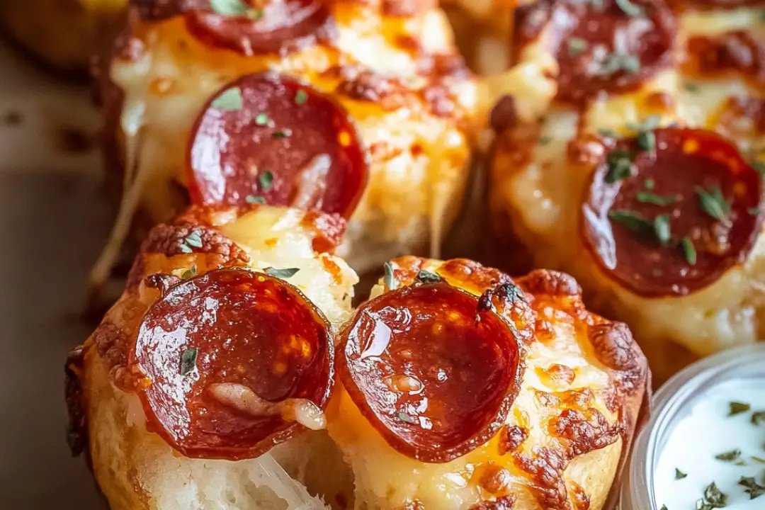 Golden brown pull-apart pepperoni pizza bites with melted cheese, garnished with herbs, on a serving platter.
