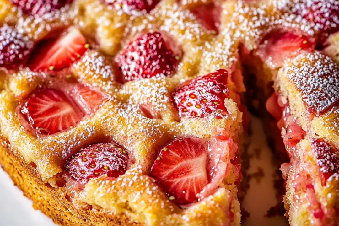 Sweet and tangy strawberry rhubarb crumb cake with golden streusel topping.