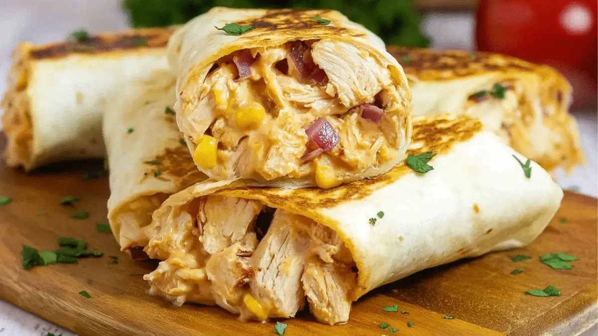 Sliced chicken wraps filled with juicy chicken, fresh lettuce, tomatoes, and sauce, served on a wooden board.