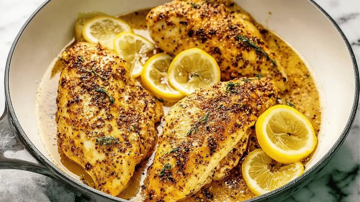 Delicious 15-minute lemon pepper chicken on a plate with fresh lemon slices and parsley.