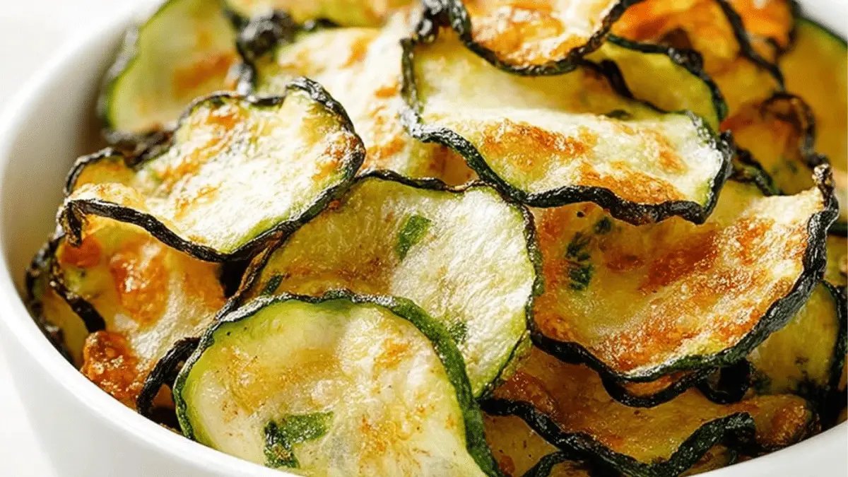 Crispy baked zucchini chips arranged on a parchment-lined tray, golden brown and lightly seasoned.