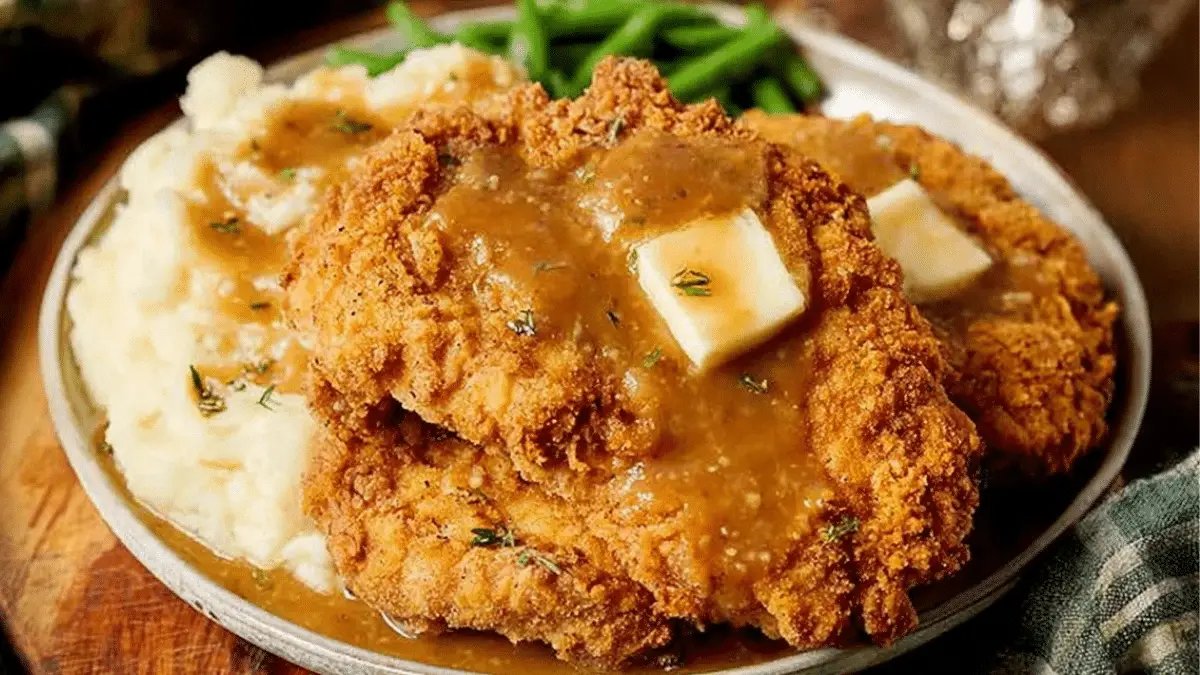 Golden brown, crispy Southern country fried chicken on a platter.