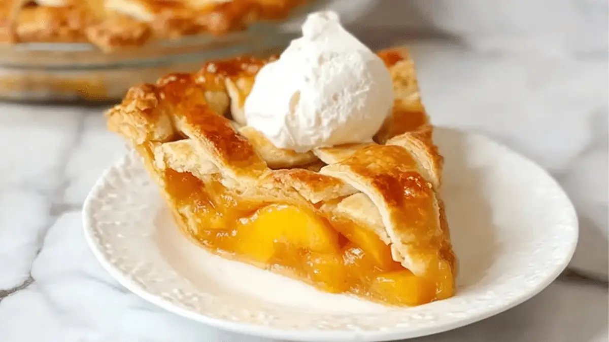Golden-brown peach pie with a flaky crust, perfect for summer.