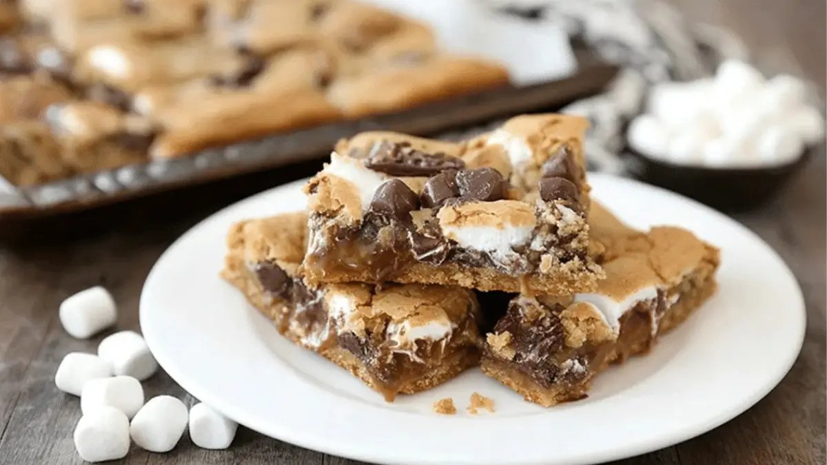 Gooey s'mores cookie bars with toasted marshmallows and melted chocolate.
