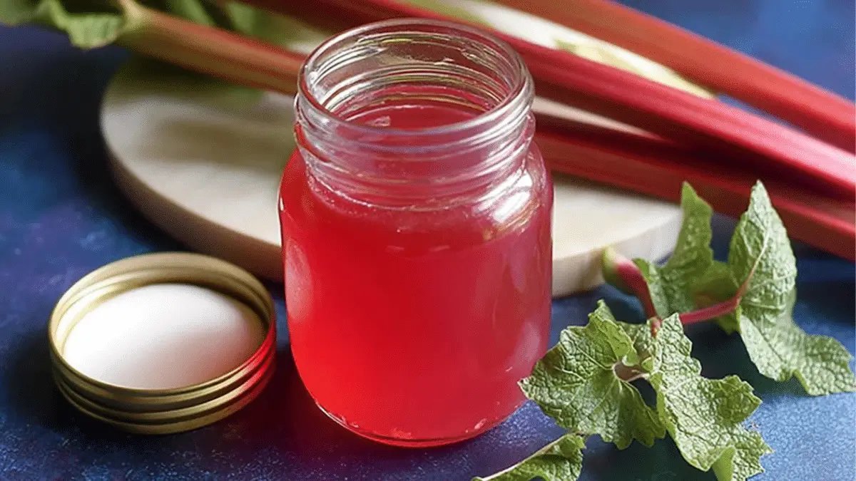 Vibrant pink homemade rhubarb simple syrup in a glass jar with fresh rhubarb stalks.