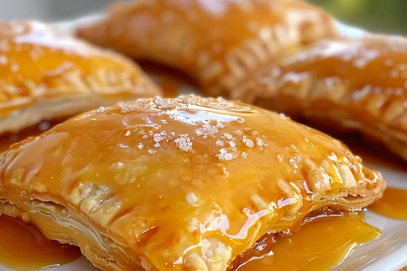 Golden-brown peach cobbler donut hand pie with a flaky crust and sweet peach filling.