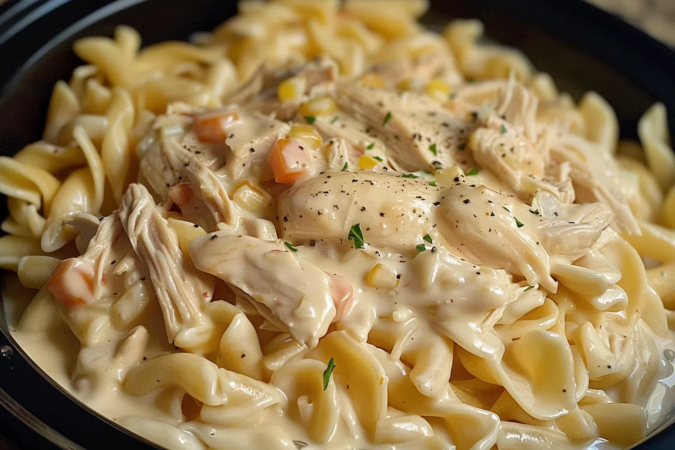 Creamy ranch chicken and noodles in a bowl.