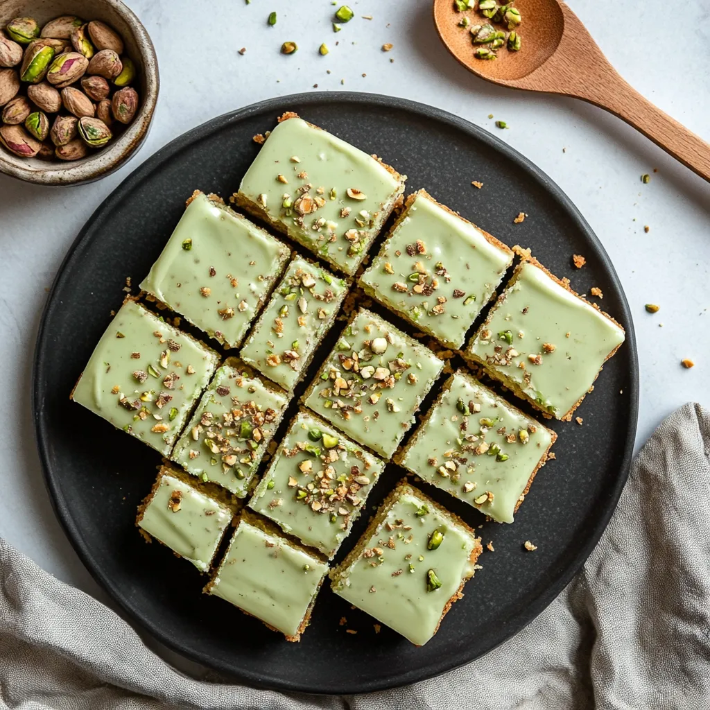 Vibrant green pistachio pudding sugar cookie bars topped with crushed pistachios.