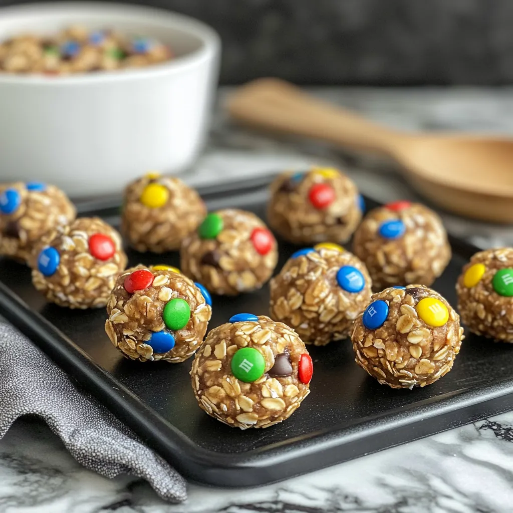 Delicious no-bake monster energy bites with chocolate chips and sprinkles on a plate.