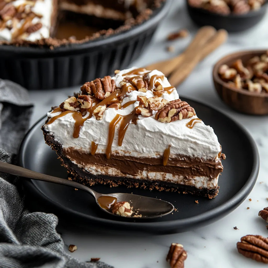 Slice of no-bake turtle pie with chocolate, caramel, and pecans.