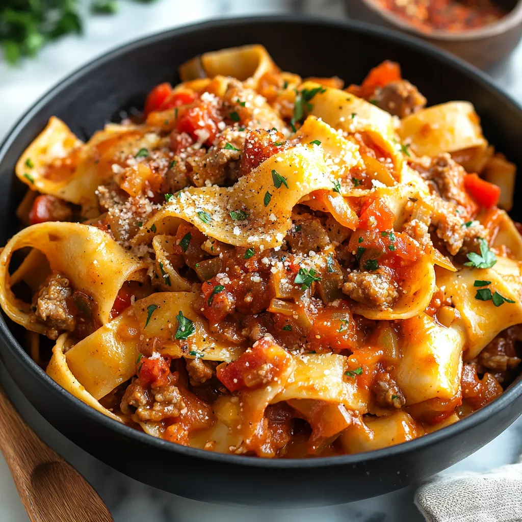 Delicious Italian drunken noodles in a bowl with rich tomato sauce and fresh basil.