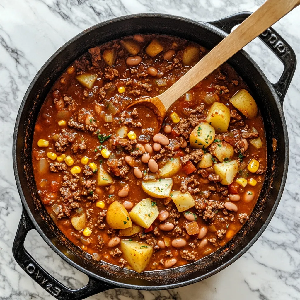 Hearty one-pot cowboy stew simmering in a rustic pot.