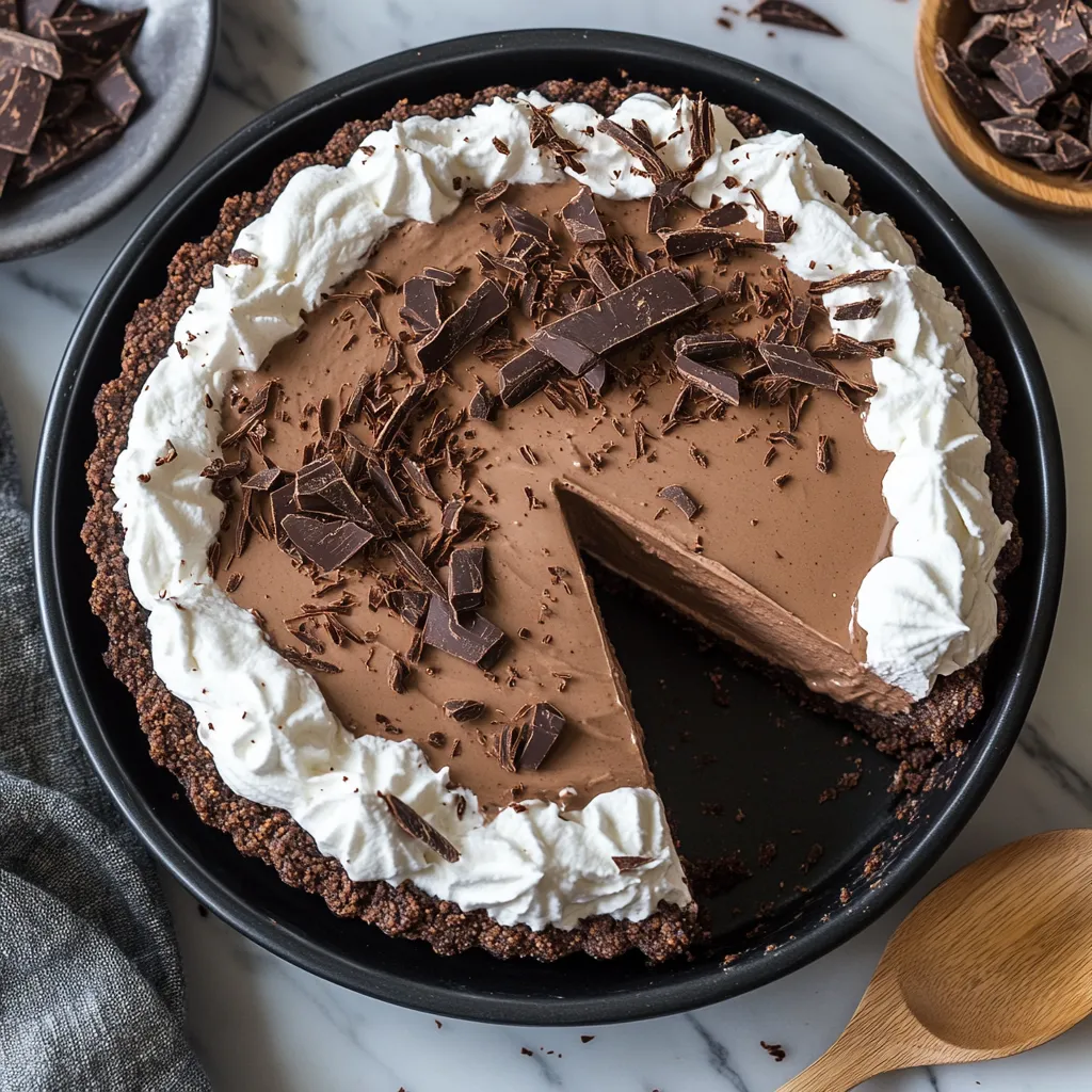 Creamy no-bake chocolate mousse pie slice with colorful M&M's.