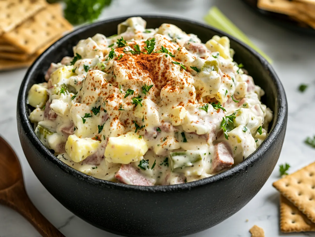 Classic bologna salad with mayonnaise, celery, and a sprinkle of paprika in a serving bowl.