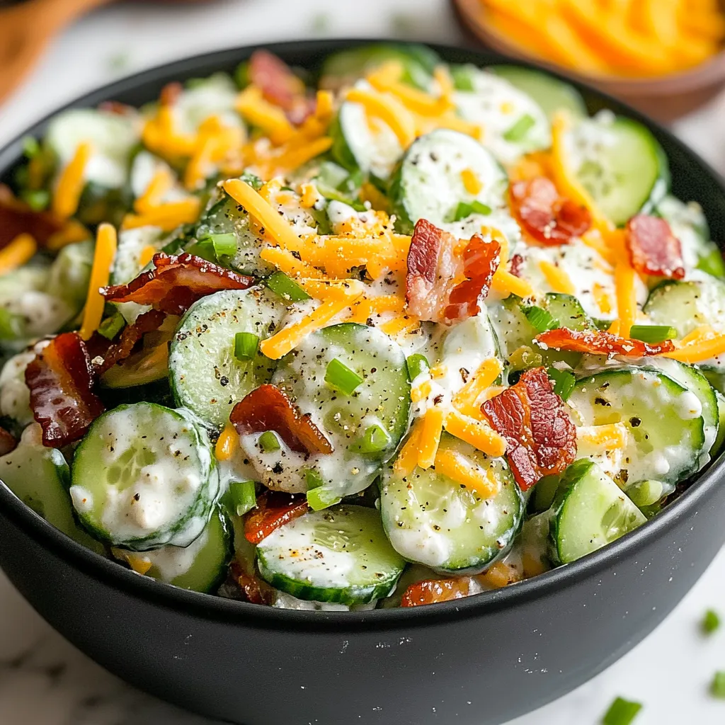 Cucumber bacon salad with crumbled cheese and ranch dressing