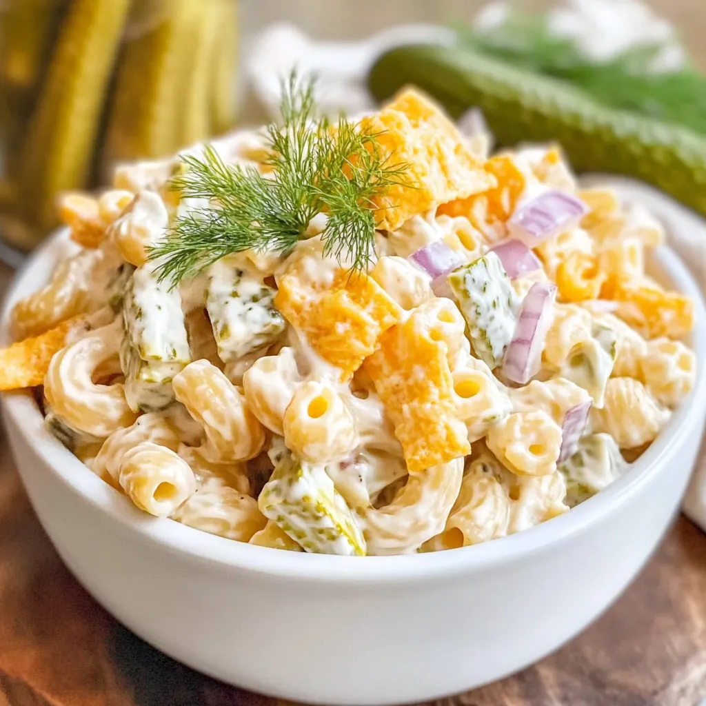 Creamy dill pickle pasta salad in a serving bowl, garnished with fresh dill.