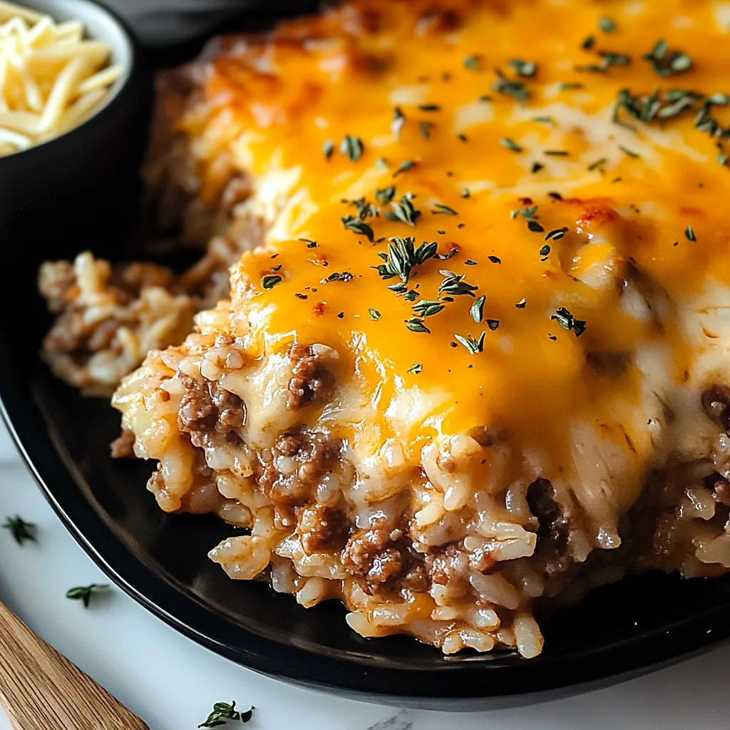 Hearty cheesy ground beef and rice casserole, bubbling with melted cheese.