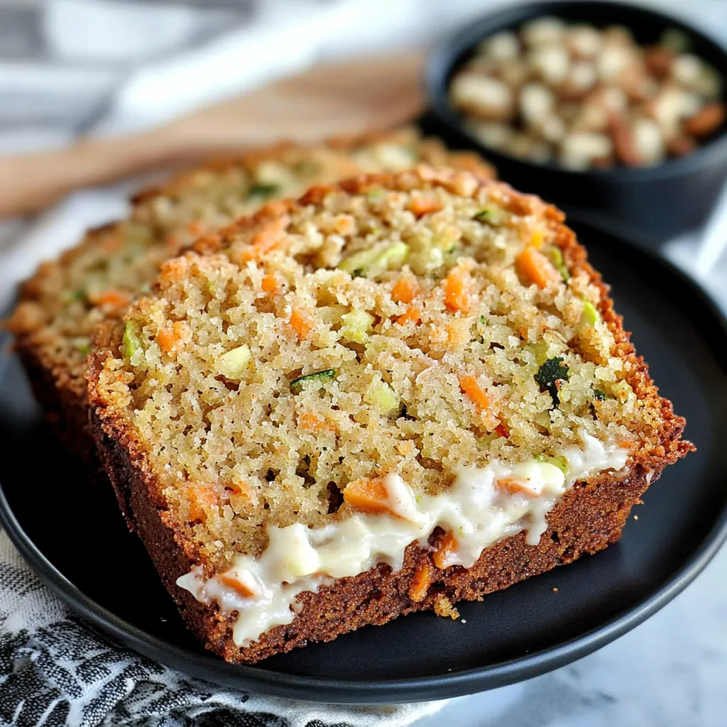 Freshly baked carrot apple zucchini bread loaf, golden brown and moist.