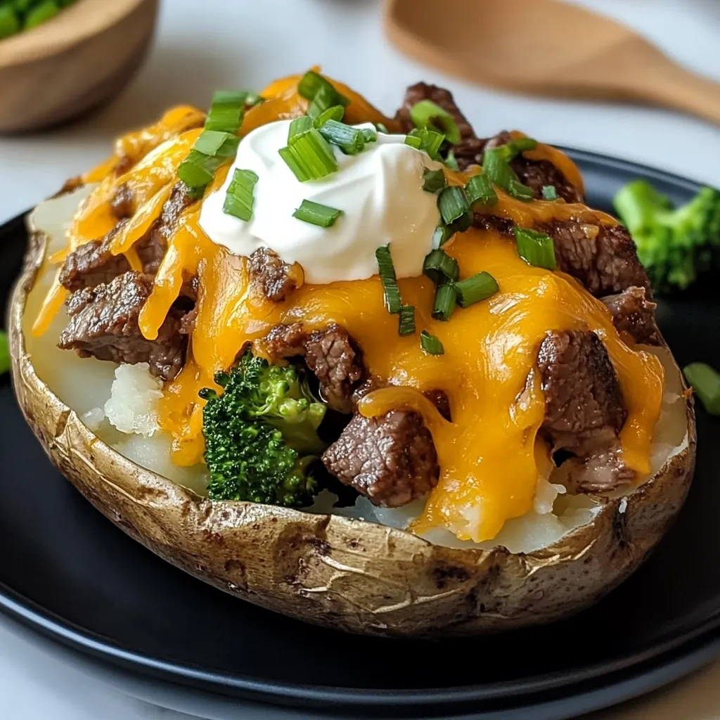 Hearty loaded baked potato with juicy garlic steak bites and melted cheese.