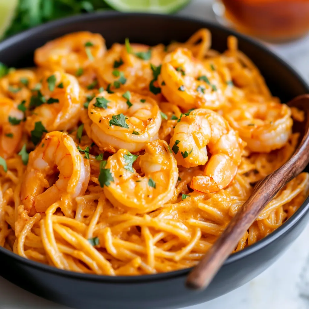 Creamy Bang Bang shrimp pasta with a spicy and sweet sauce