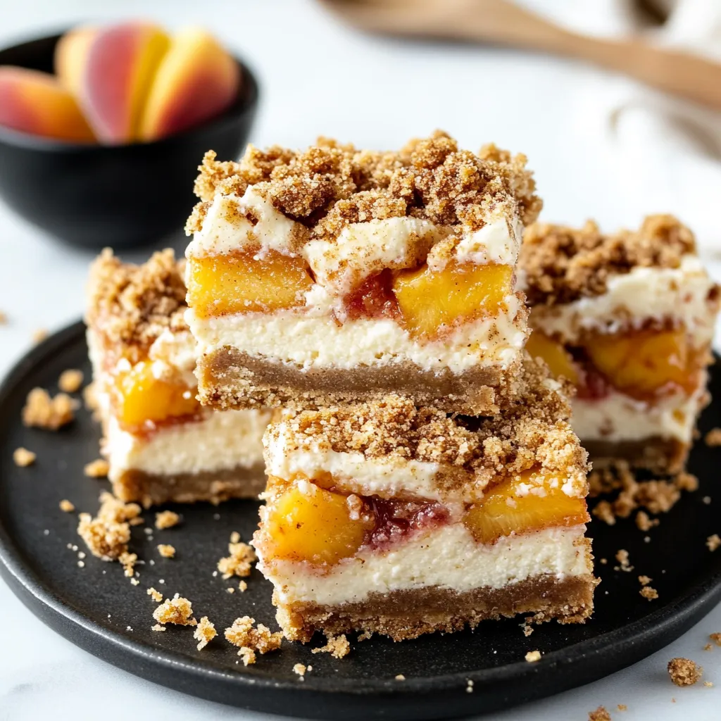 Golden peach cobbler cheesecake bars with a creamy filling and crumb topping.