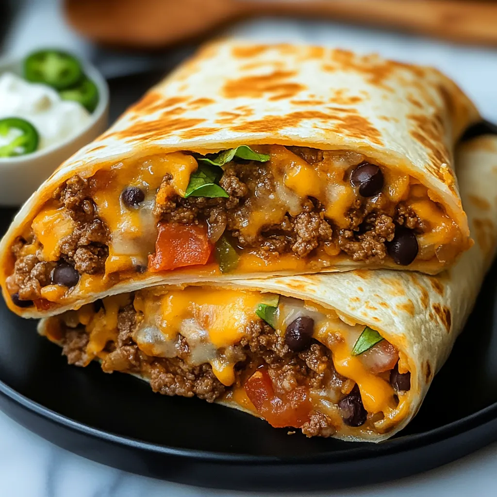 Nacho cheese beef wrap with melted cheese and seasoned beef filling.