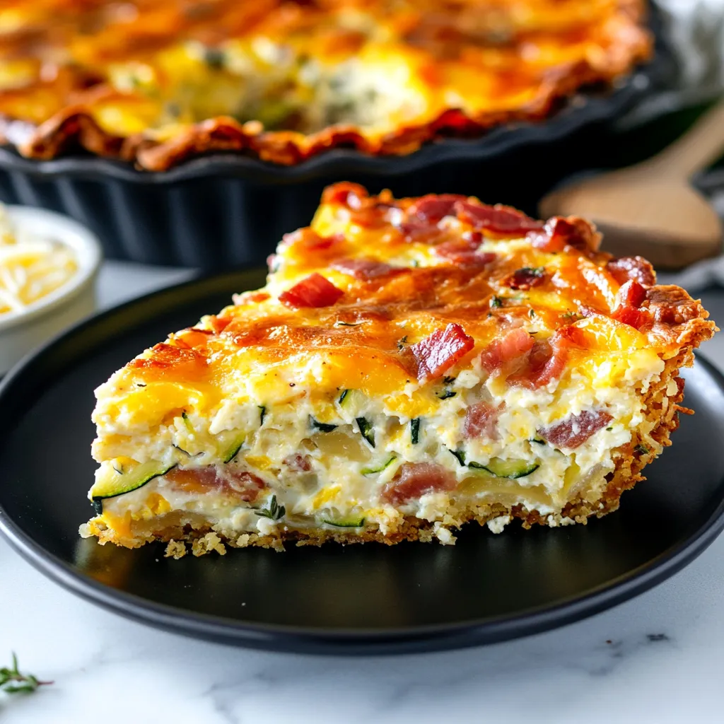 Slice of zucchini quiche with crispy bacon and hash brown crust.