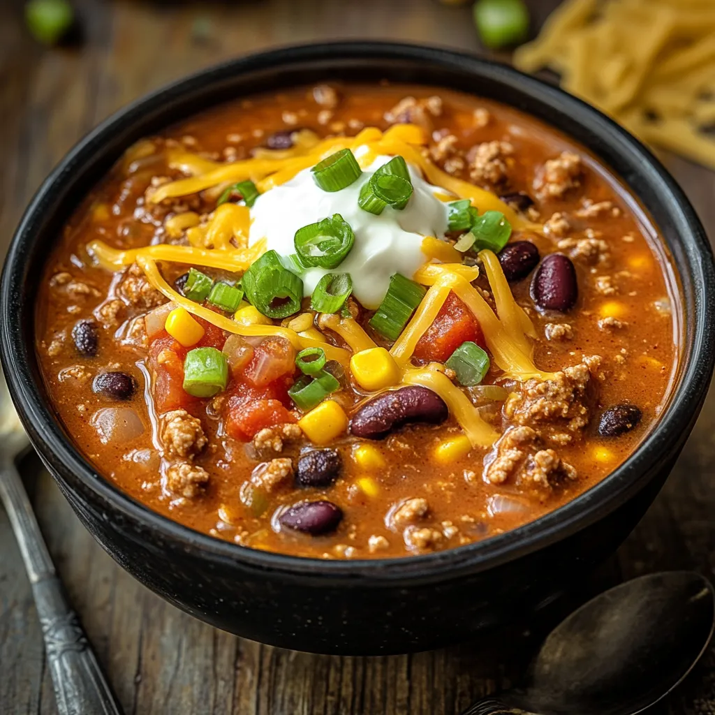 Hearty bowl of cheesy ground beef enchilada chili.