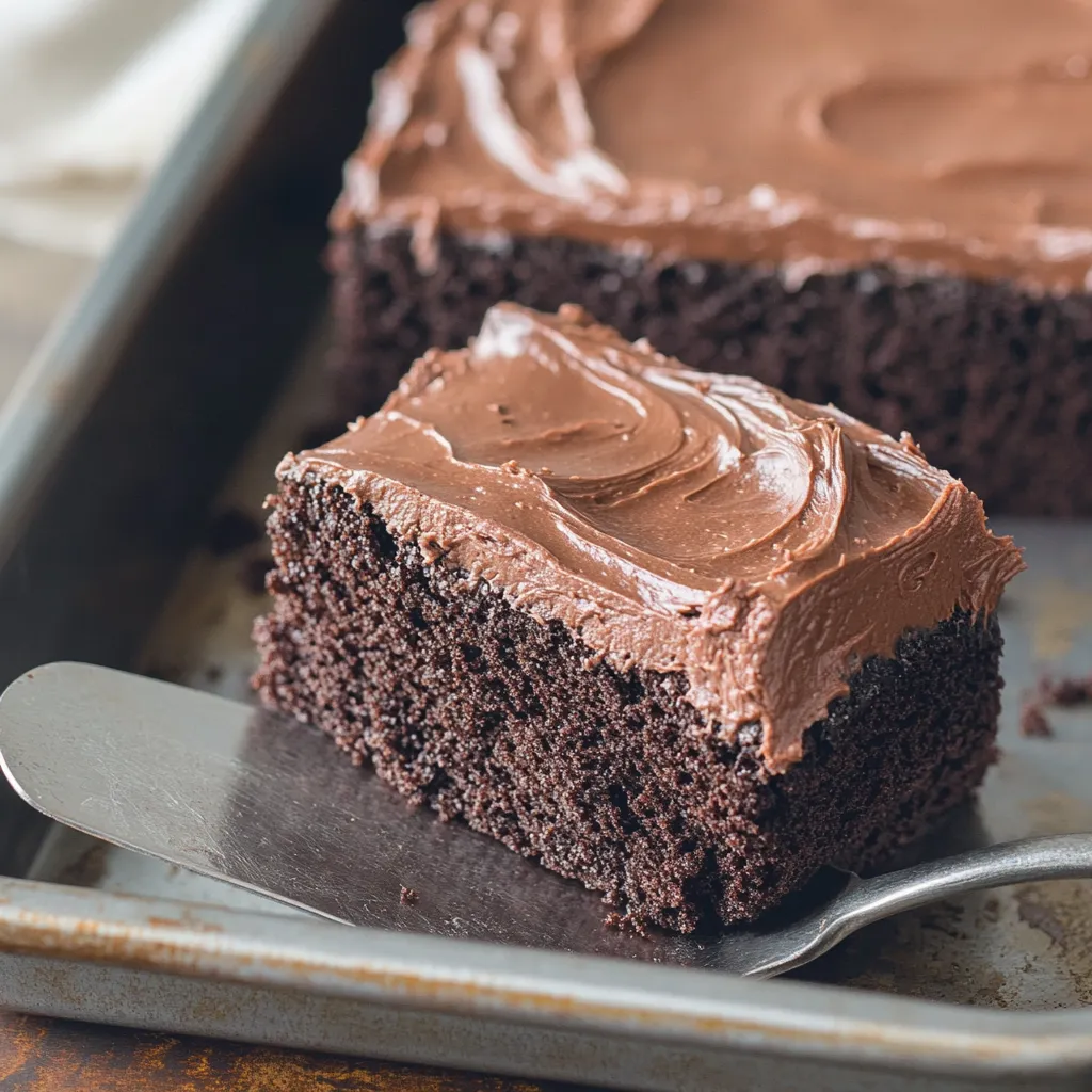 Rich Hershey's chocolate cake slice with fudgy frosting.