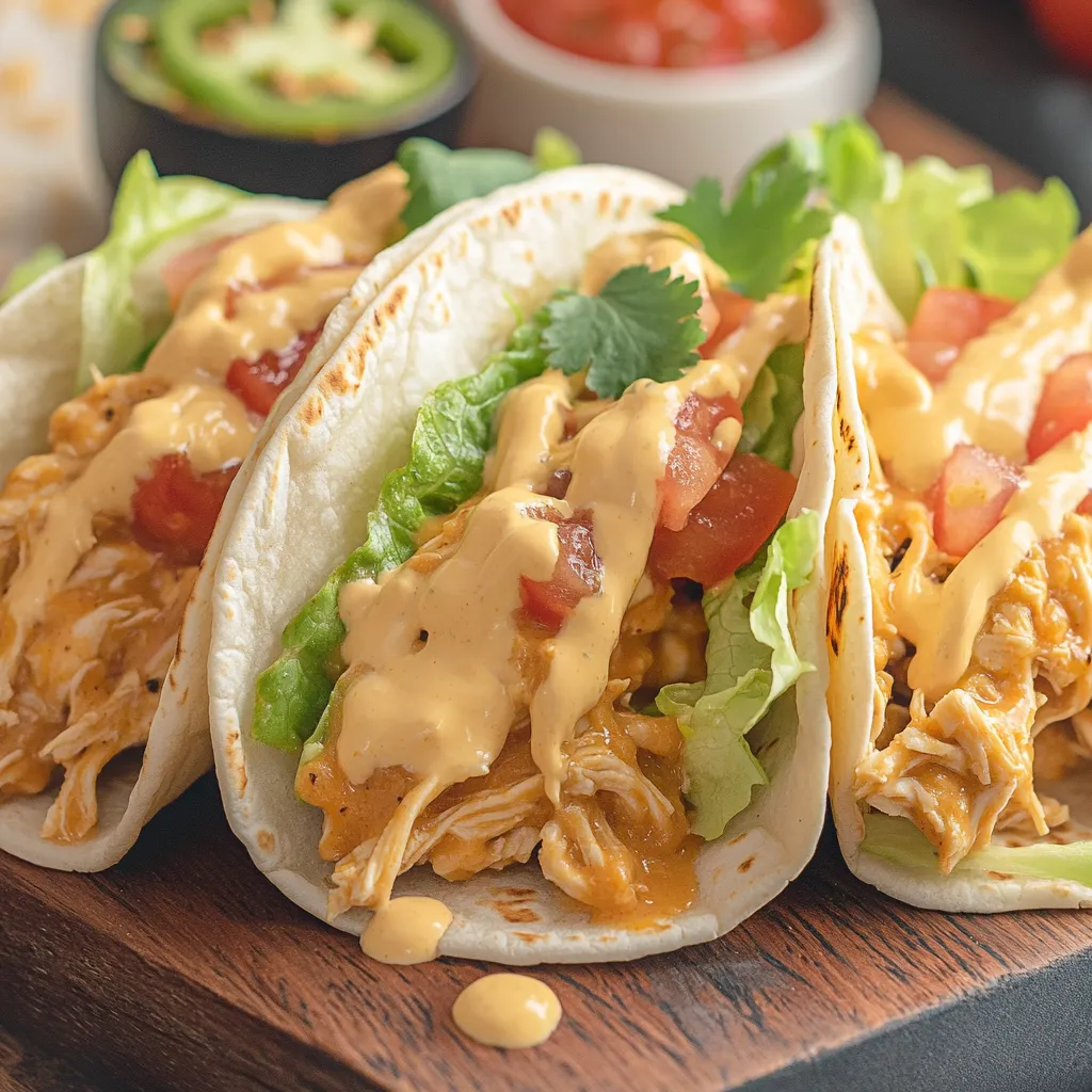 Shredded slow cooker queso chicken tacos topped with cilantro and lime.